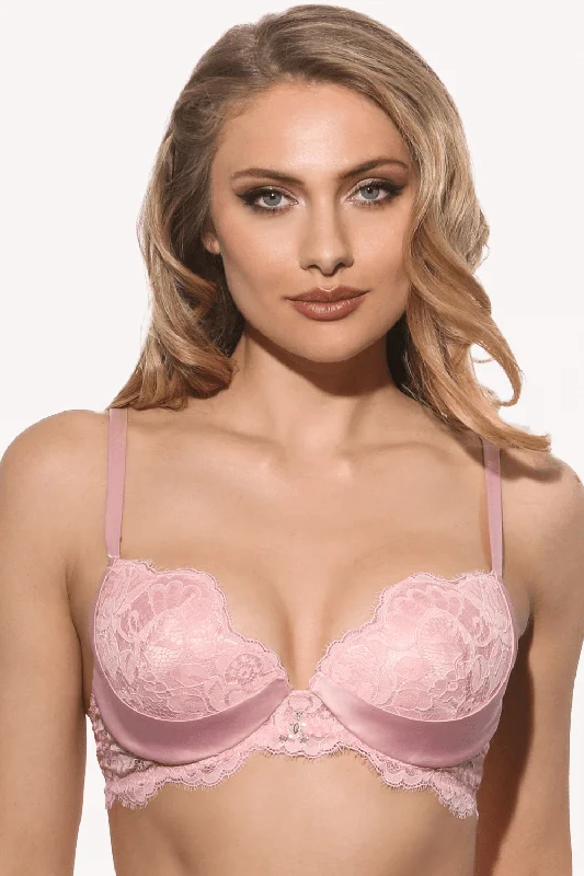 Underwire push - down wired bras for a different shaping effect Marlene Push Up Bra with Swarovski Crystals in Pink, Size UK 36DD Underwire push - down wired bras for a different shaping effect Marlene Push Up Bra with Swarovski Crystals in Pink, Size UK 36DD