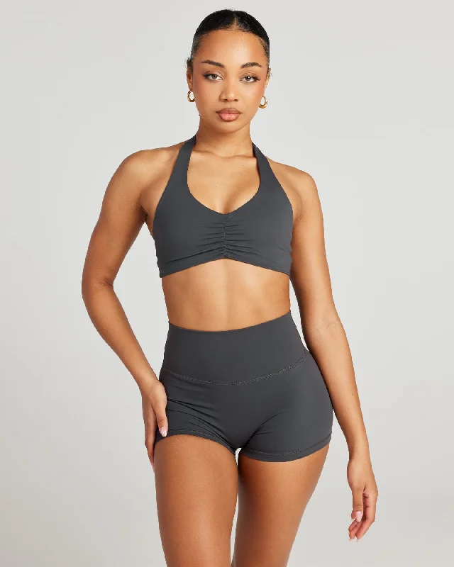 machine - made women sport bra for affordability Halter Scrunch Bra - Charcoal