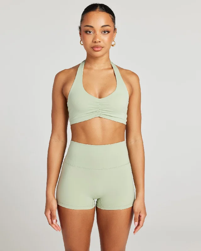 underwire women sport bra for enhanced shaping Halter Scrunch Bra - Light Sage