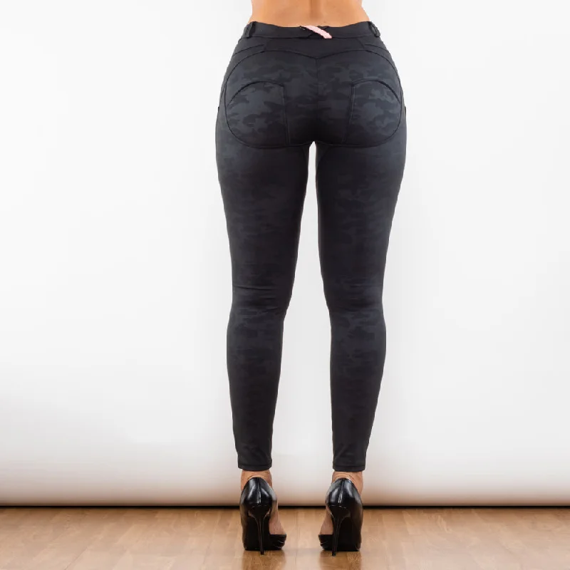 Flare Leg Women's Satin Trousers for a Glamorous Night OutMelody Black Camo Mid-Waist Lift Pants – Stylish European-American Trousers