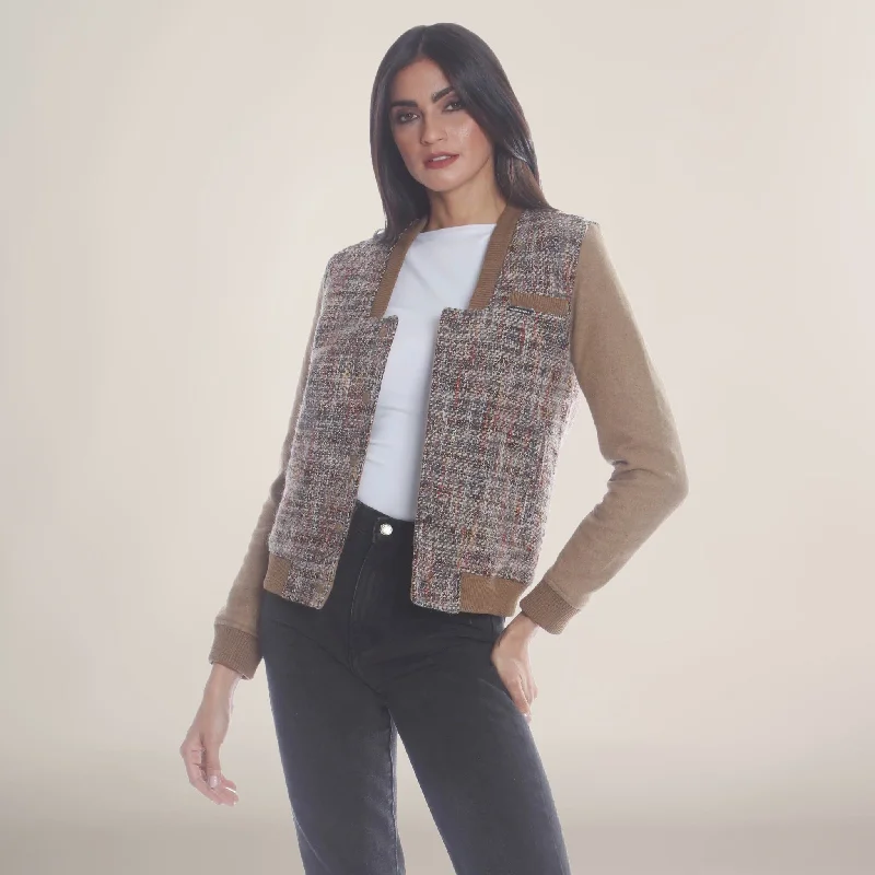 Checkered women's wool coats in a classic pattern for a timeless styleWomen's Updated Tweed Varsity Jacket with Contrast Sleeve