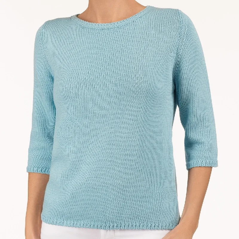 Striped Women's Pullovers in a Breton Style for Nautical Vibes3/4 Sleeve Pullover in Turquoise Sky