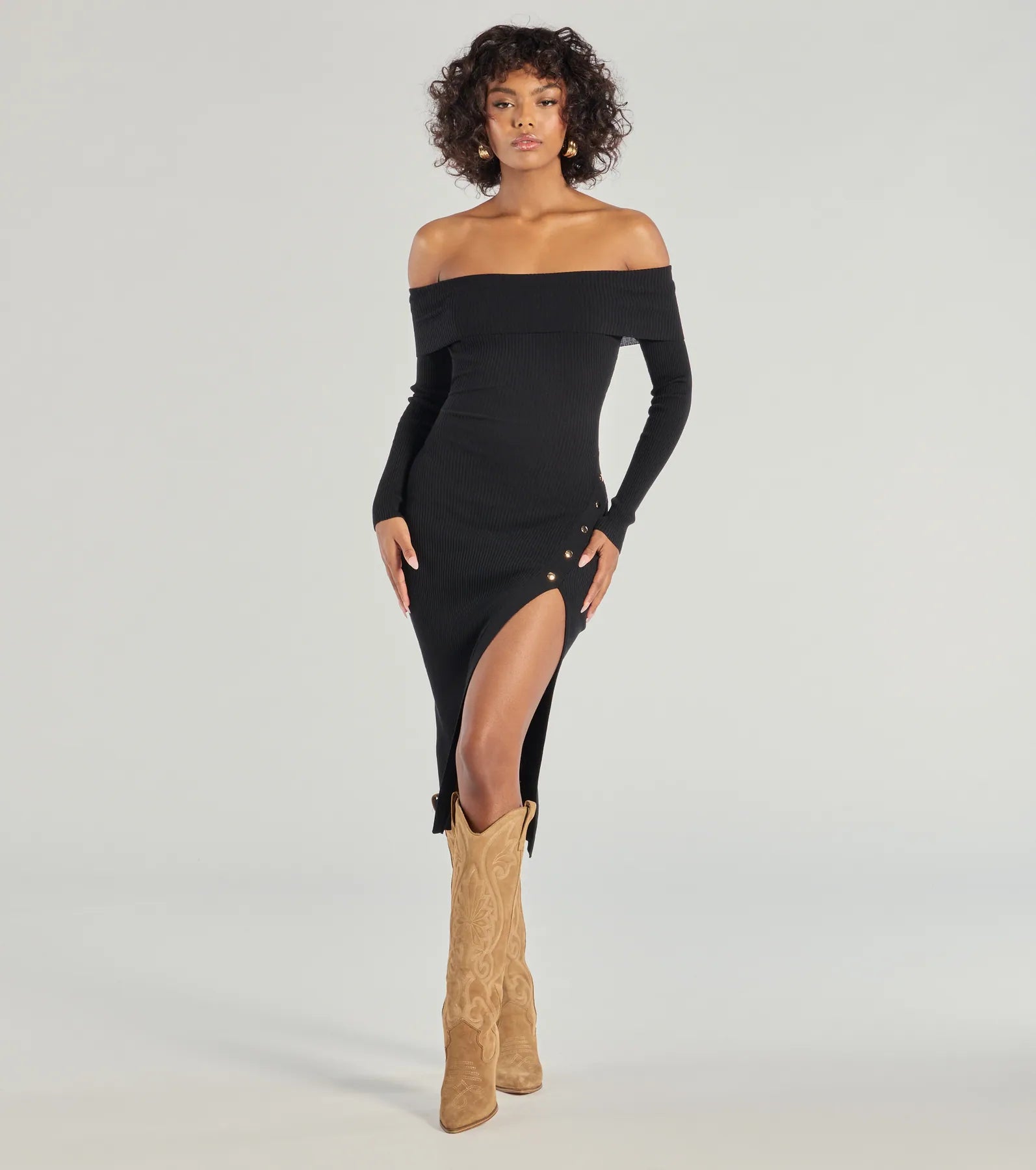 Women's Off - Shoulder Chunky Knit Sweater Dresses in Earth TonesKeeping Knit Chic Long Sleeve Midi Dress