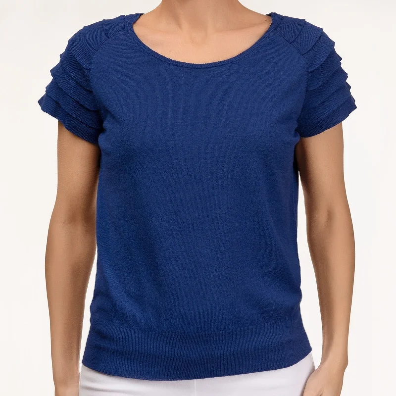 Plus Size Women's Cashmere Pullovers for Cozy LuxuryRuffle Short Sleeve Pullover in Blue Ribbon