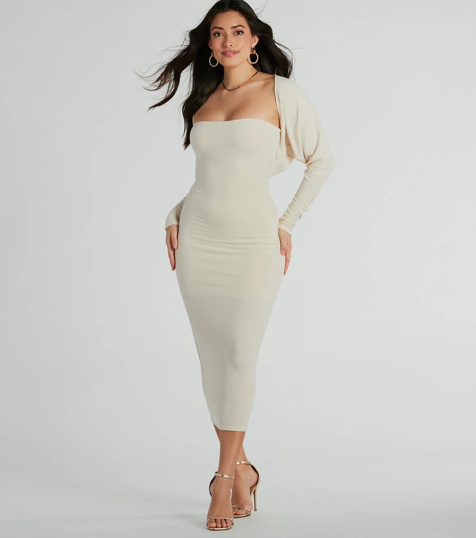 She's The Main Rib Knit Strapless Midi Dress