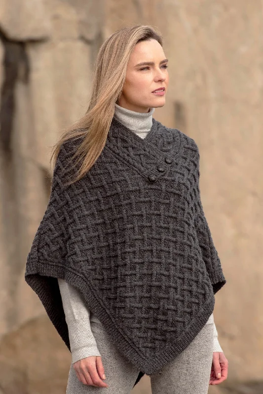 Tie - Front Women's Lambswool Sweaters in Pastel HuesSuper Soft Aran Poncho-Grey