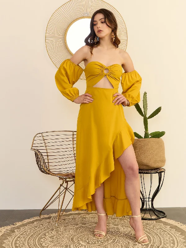 Sleeveless Women Dress in Bright Colors for Summer Parties Sleeveless Women Dress in Bright Colors for Summer Parties Berrylush Women Solid Yellow Off-Shoulder Neck Puff Sleeves Cut-Out Asymmetrical Hem A-Line Midi Dress