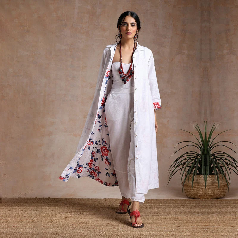 Wrap - Style Women Dress with Adjustable Fit for All Body Types Wrap - Style Women Dress with Adjustable Fit for All Body Types Cotton Linen Long Jacket | Full Sleeves | White